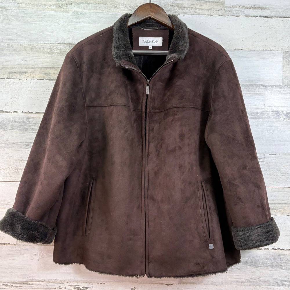 Calvin Klein Womens Faux Suede Shearling Jacket Brown Full Zip Faux Fur Medium‎